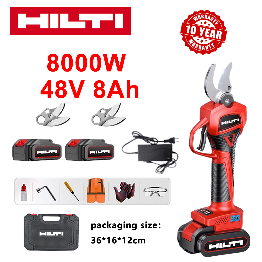 Tesoura de poda sem escova Hilti, display de energia LED, bateria com duração de 12 horas, tesoura de poda de lítio sem escova de 8000 W + baterias de lítio de 48 V e 8 Ah *2 + carregador + lâminas de liga SK9 *2 + caixa de ferramentas + lubrificante + ocular de proteção, garantia de 10 anos