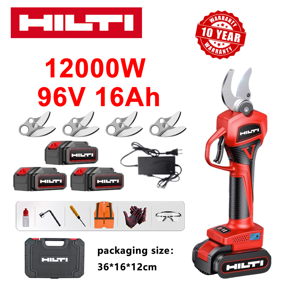 Tesoura de poda sem escova Hilti, display de energia LED, bateria com duração de 36 horas, tesoura de poda de lítio sem escova de 12.000 W + baterias de lítio de 96 V e 16 Ah * 3 + carregador + lâminas de liga SK9 * 4 + caixa de ferramentas + lubrificante + ocular de proteção, garantia de 10 anos