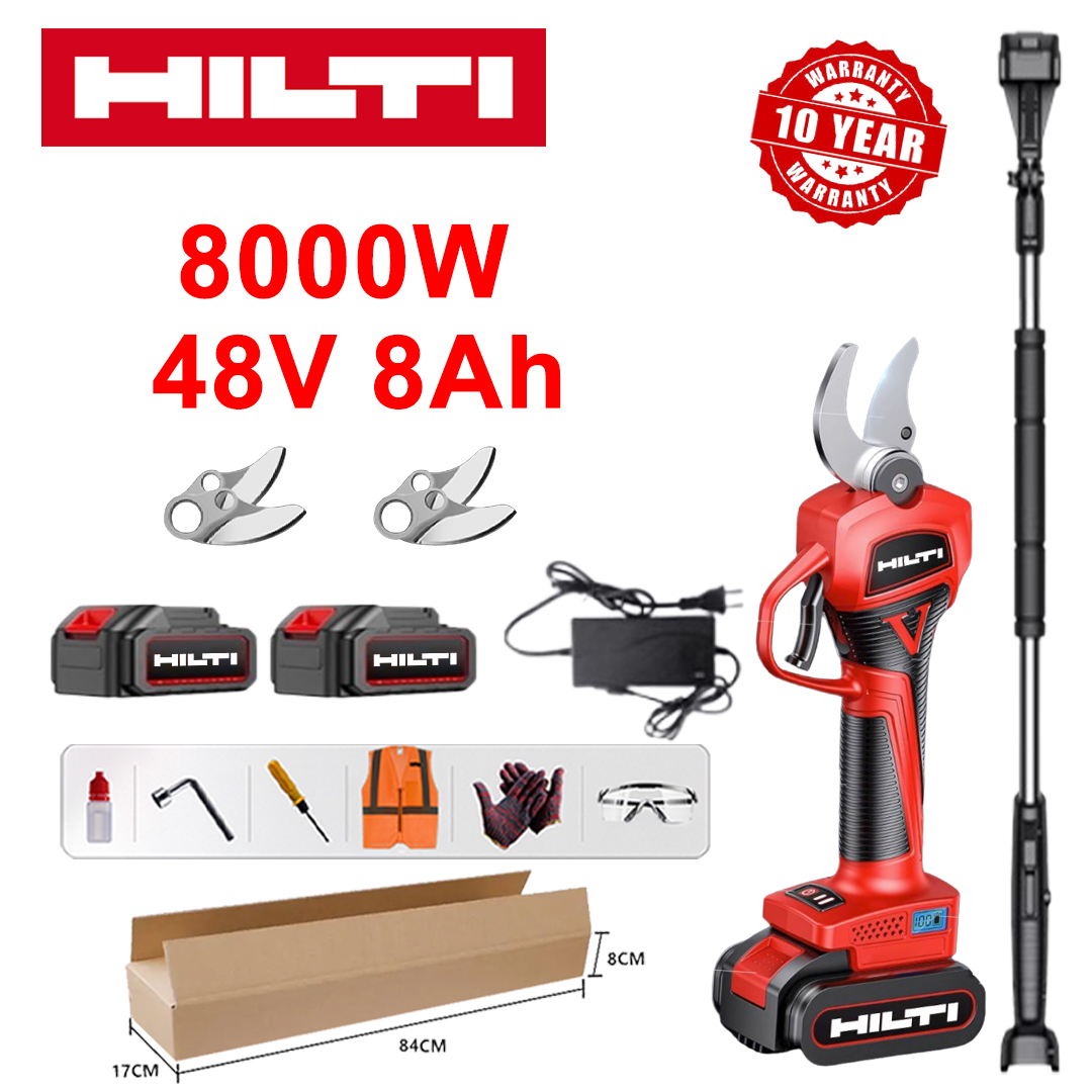 Tesoura de poda sem escova Hilti [vara de extensão: 1,5 m a 5 m], visor de energia LED, bateria com duração de 12 horas, tesoura de poda de lítio sem escova de 8000 W + baterias de lítio de 48 V 8 Ah *2 + carregador + lâminas de liga SK9 *2 + caixa de ferramentas + lubrificante + ocular de proteção, garantia de 10 anos