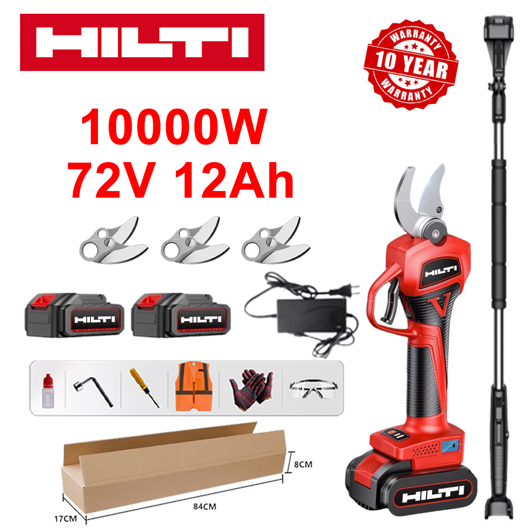 Tesoura de poda sem escova Hilti [vara de extensão: 1,5 m a 5 m], visor de energia LED, bateria com duração de 24 horas, tesoura de poda de lítio sem escova de 10.000 W + baterias de lítio de 72 V e 12 Ah * 2 + carregador + lâminas de liga SK9 * 3 + caixa de ferramentas + lubrificante + ocular de proteção, garantia de 10 anos