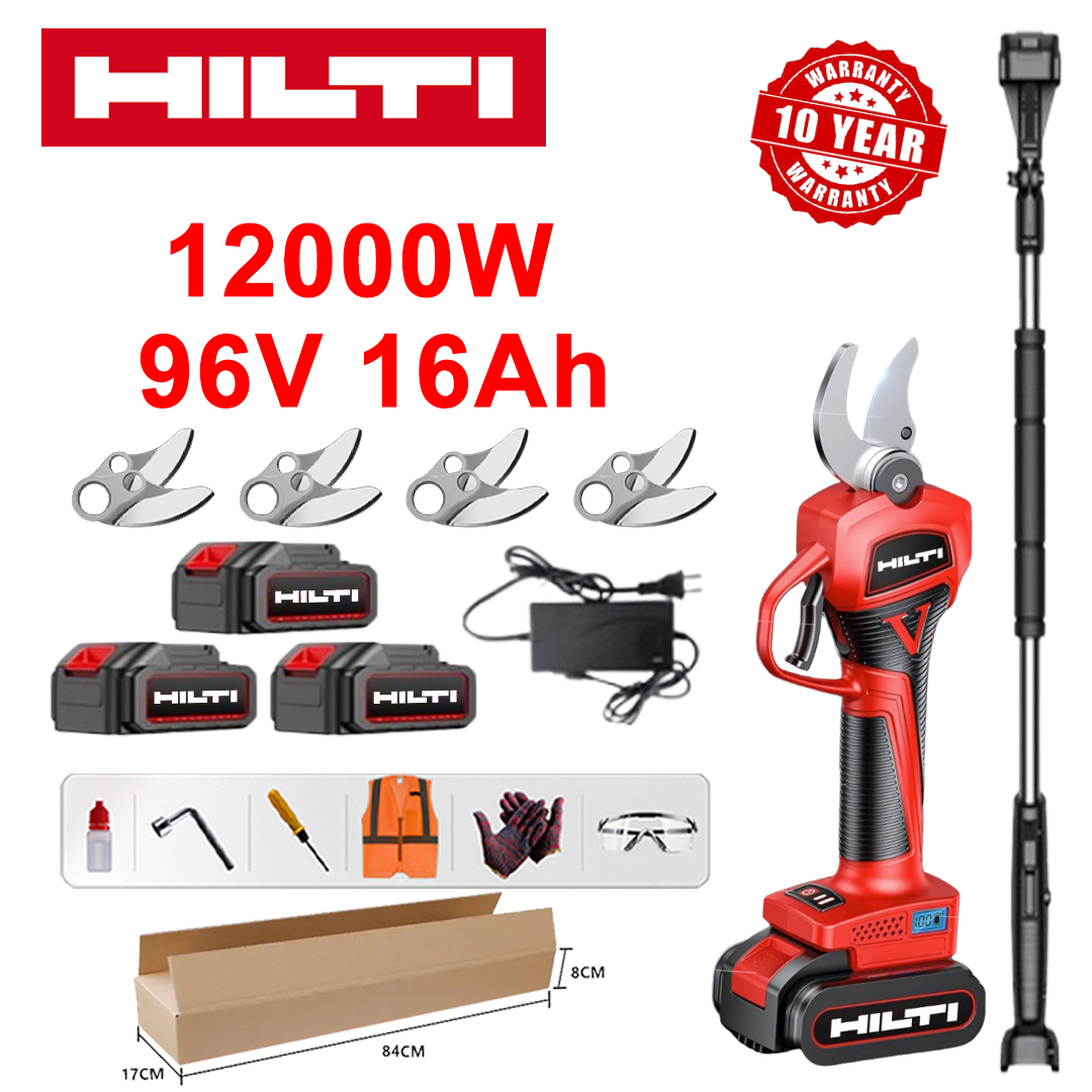 Tesoura de poda sem escova Hilti [vara de extensão: 1,5 m a 5 m], visor de energia LED, bateria com duração de 36 horas, tesoura de poda de lítio sem escova de 12.000 W + bateria de lítio de 96 V e 16 Ah *3 + carregador + lâmina de liga SK9 *4 + caixa de ferramentas + lubrificante + ocular de proteção, 10 anos de garantia